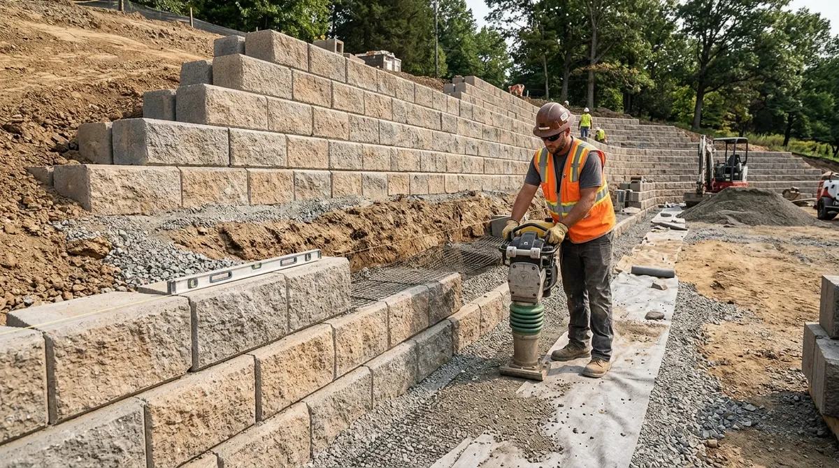 large scale retaining wall installation
